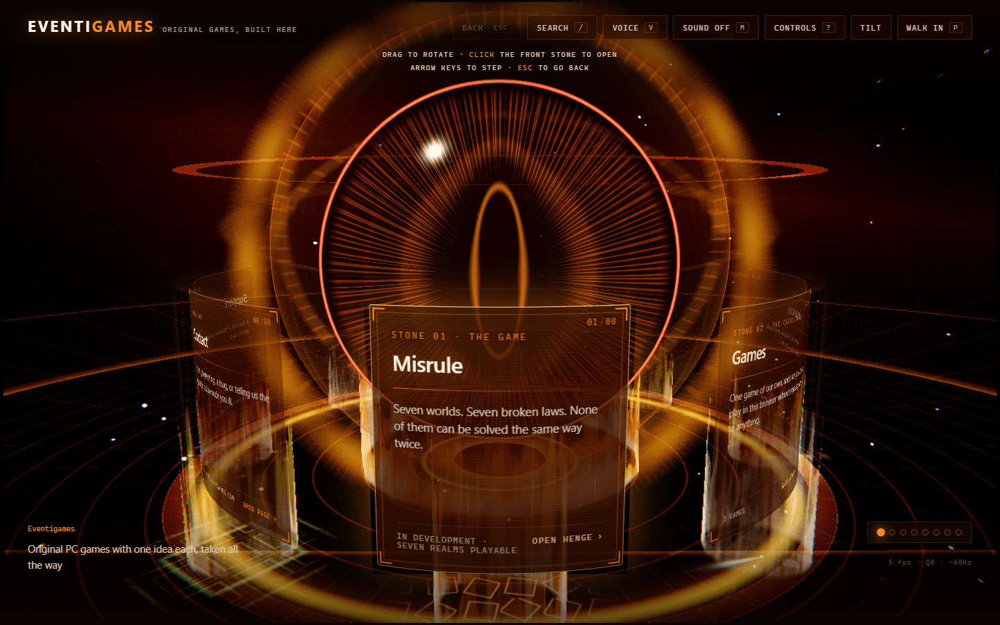 Eventigames games studio site rendered as a ring of standing stones